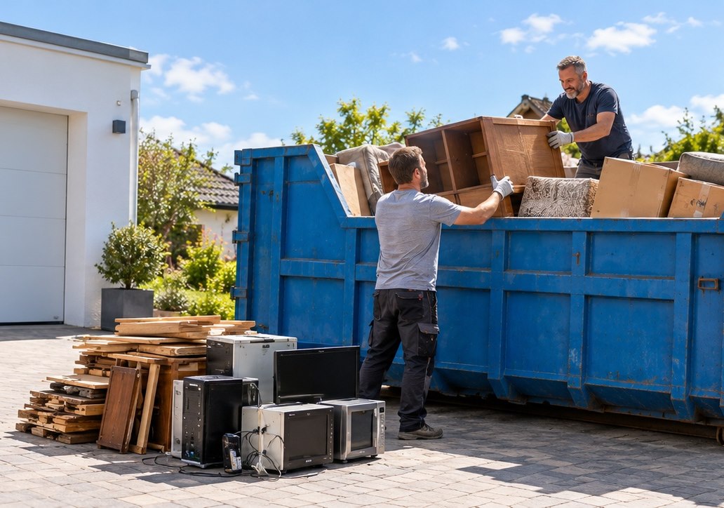 Symbolbild: Entrümpelung mit Container und zwei Helfern – Fachbetriebe für Laufen